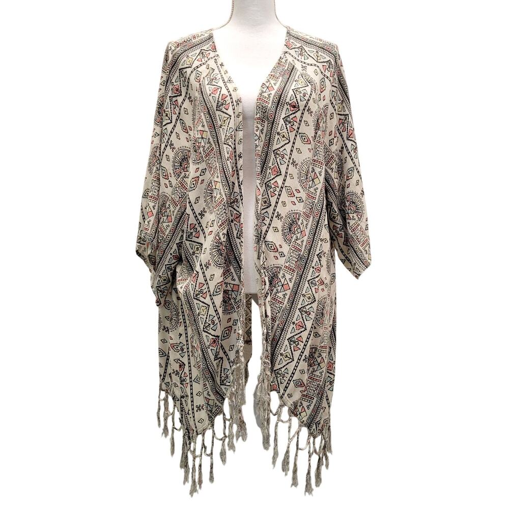 Billabong Longline Kimono Topper S/M Fringe Geometric Aztec Boho Festival Flowy
